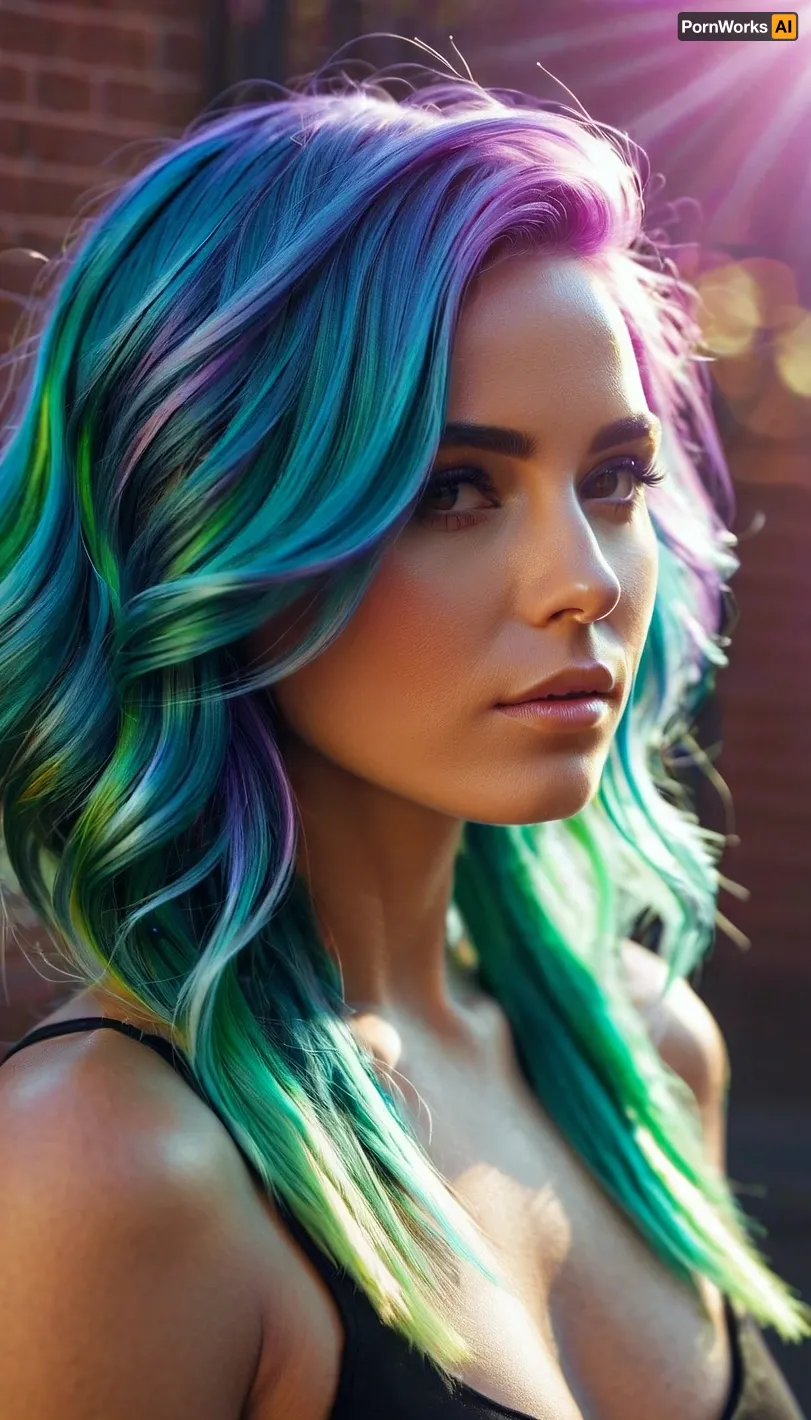 A woman with iridescent hair sat in front of a computer, her fingers flying across the keyboard as she generated a new picture. Her eyes were closed in concentration, and her lips were parted slightly as she focused on the task at hand. The