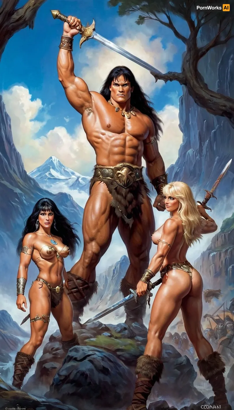 In a world where magic and monsters roam free, Conan, the barbarian with a massive build and impressive muscles, stood tall with his massive build and impressive muscles rippling with power. His sword was sharp and deadly as he fought against the