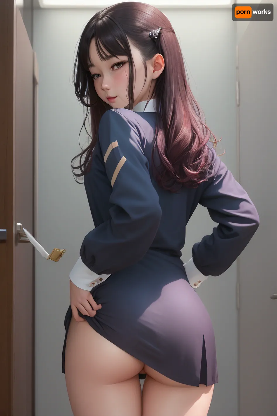 Die KI generierte Porno-Bild von einem 20-jährigen Anime-Mädchen in Schuluniform mit großem Arsch und cum auf ihrem Gesicht. Sie blickte zurück auf die Kamera mit halbgeschlossenen Augen, blushing und bedeckt mit Sperma. Der Text