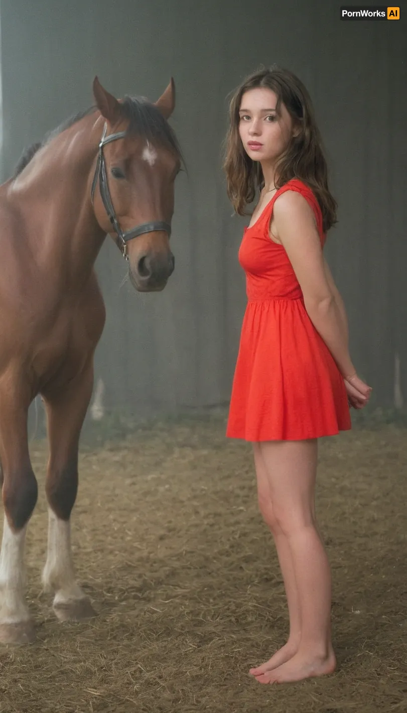 The farm girl takes pictures of herself with her phone, standing next to a large horse in a barn on a farm