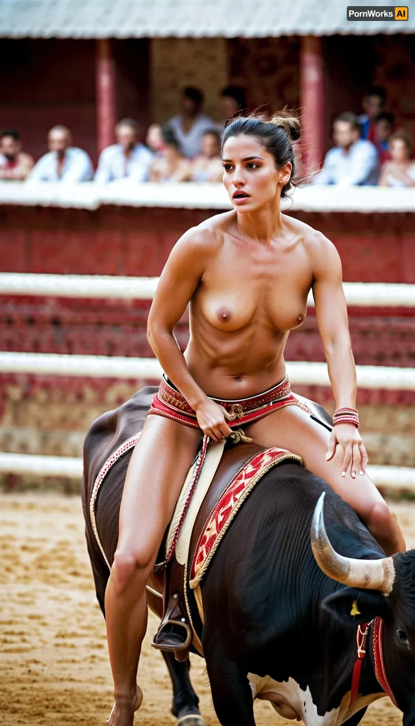 Una chica española desnuda montó un toro durante una corrida de toros, su cuerpo brillando con sudor mientras cabalgaba el animal. La multitud aplaudía y aplaudía, sus ojos pegados a la pantalla erótica