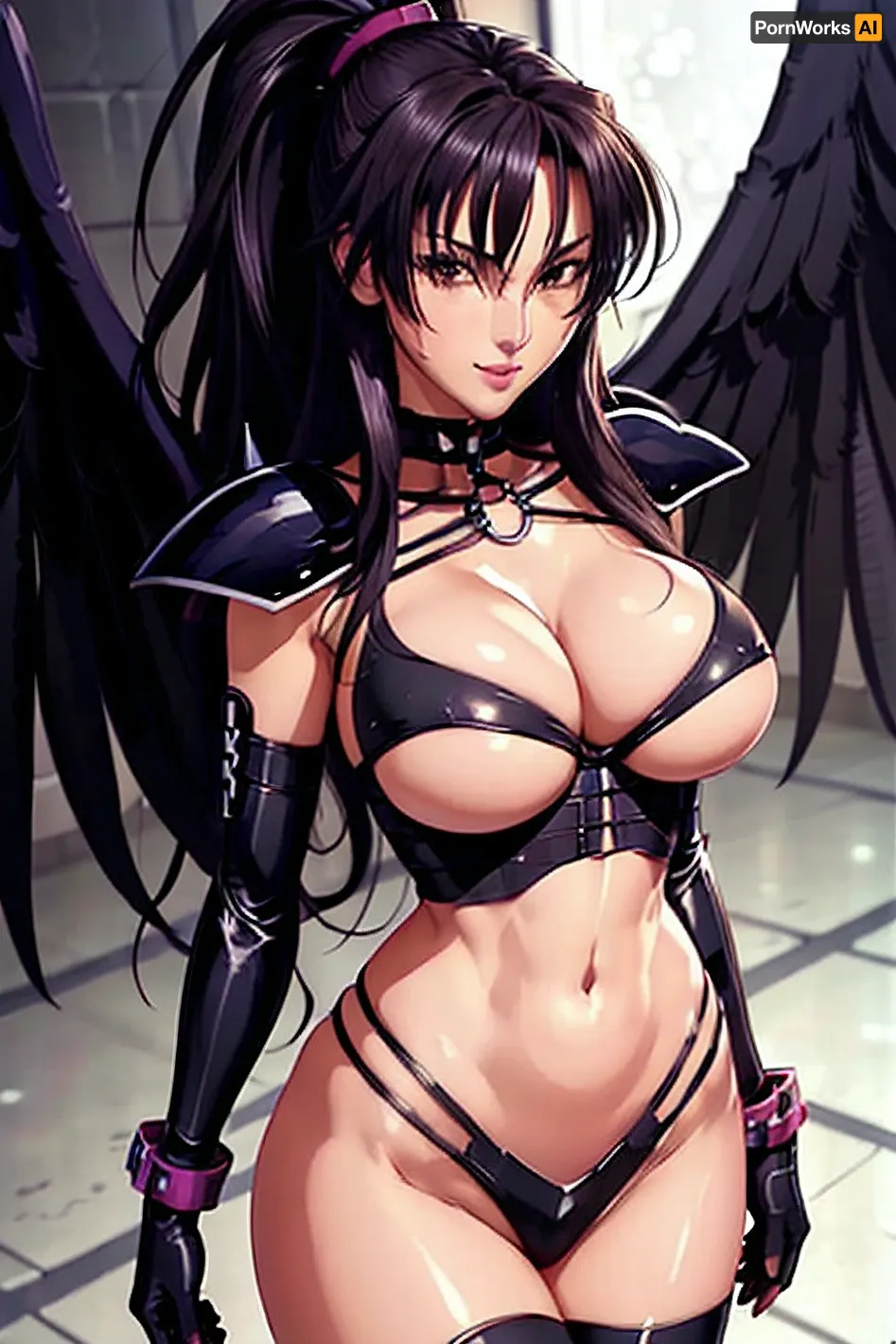 Simple White Background, chain, cleavage, cleavage_cutout, clothing_cutout, collar, heart_cutout, collarbone, choker, nude, navel, shoulder armors, highleg, boots, thighhighs, black_wings, purple_eyes, black_hair, very_long_hair, elbow_gloves, 1 girl, 20yo, Young female, Beautiful Finger, Beautiful long legs, Beautiful body, Beautiful Nose, Beautiful character design, perfect eyes, perfect face, expressive eyes, perfect balance, looking at viewer, (Focus on her face), closed mouth, (innocent_big_eyes:1), (Light_Smile:.3), official art, extremely detailed CG unity 8k wallpaper, perfect lighting, Colorful, ponytail, Bright_Front_face_Lighting, White skin, (masterpiece:1), (best_quality:1), ultra high res, 4K, ultra-detailed, photography, 8K, HDR, highres, (absurdres:1.2), Kodak portra 400, film grain, blurry background, (bokeh:1.2), lens flare, (vibrant_color:1.2), professional photograph, (Beautiful, large_Breasts:1.4), (beautiful_face:1.5), (narrow_waist), <lora:Raynare_DxD-KK77-V1:.7>, <lora:Oda_Non_Style-KK77-V2:.3>, <lora:more_details:.1>