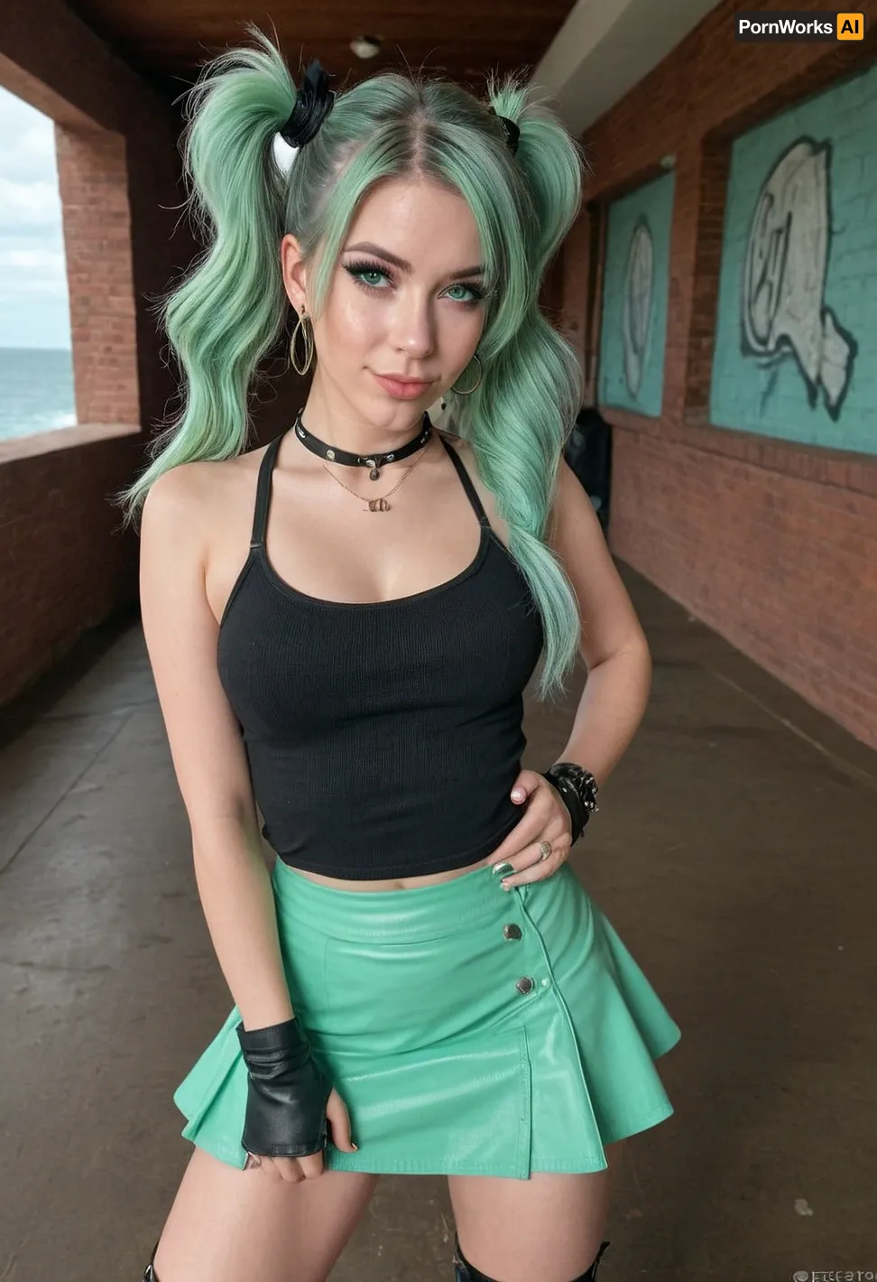 A digital painting depicting a tall, lean woman with punk hair and seductive smile, wearing a leather skirt and ripped silver hoop earrings. She has an hourglass figure with large silver hoop earrings and holds up her middle finger to