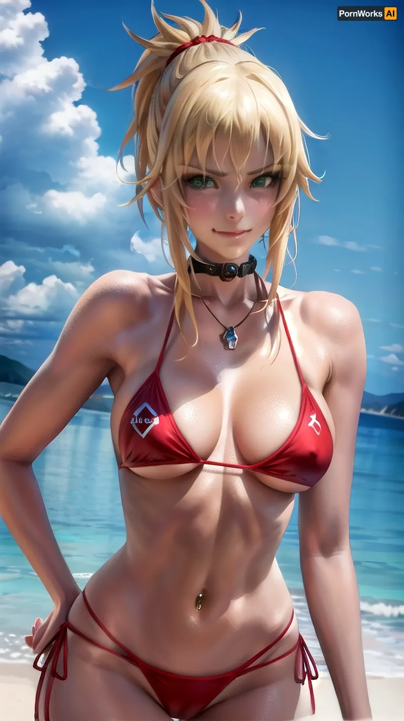 L'IA a généré une image porno d'une femme mature de haute qualité et de haute résolution, portant un bikini de 8k, se concentrant sur les yeux du spectateur. La femme a des lèvres rouges naturelles et un bas de bikini latéral qui montre son corps tonique