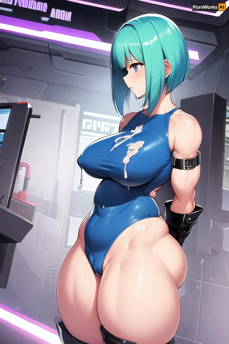 Bulma, the AI-generated porn model, had a perfect body with big breasts and a cybertronic facial feature. Her body was perfect, with wide hips and flat stomach. She had huge breasts that were covered in cum from her futuristic