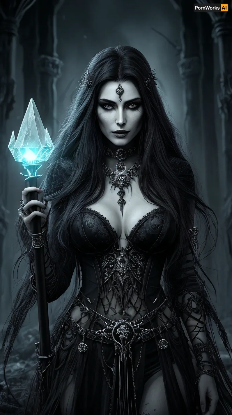 Lilith, a powerful necromancer priestess with alluring dark beauty and commanding presence, wields a staff topped with a glowing crystal that pulses with an otherworldly energy. Her name is feared by those who know her, and she