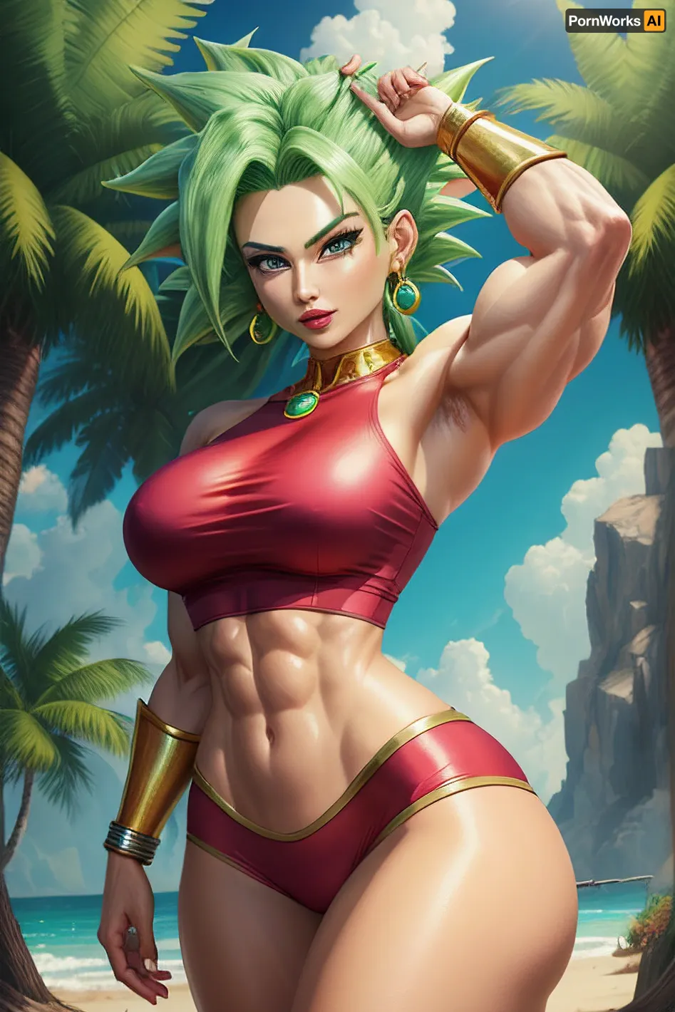 Kefla, a woman with muscular physique and stunning face, stumbled upon an AI that could generate the perfect jewelry for her. With its help, she created the most exquisite earrings and crop top imaginable. The earrings were made of the