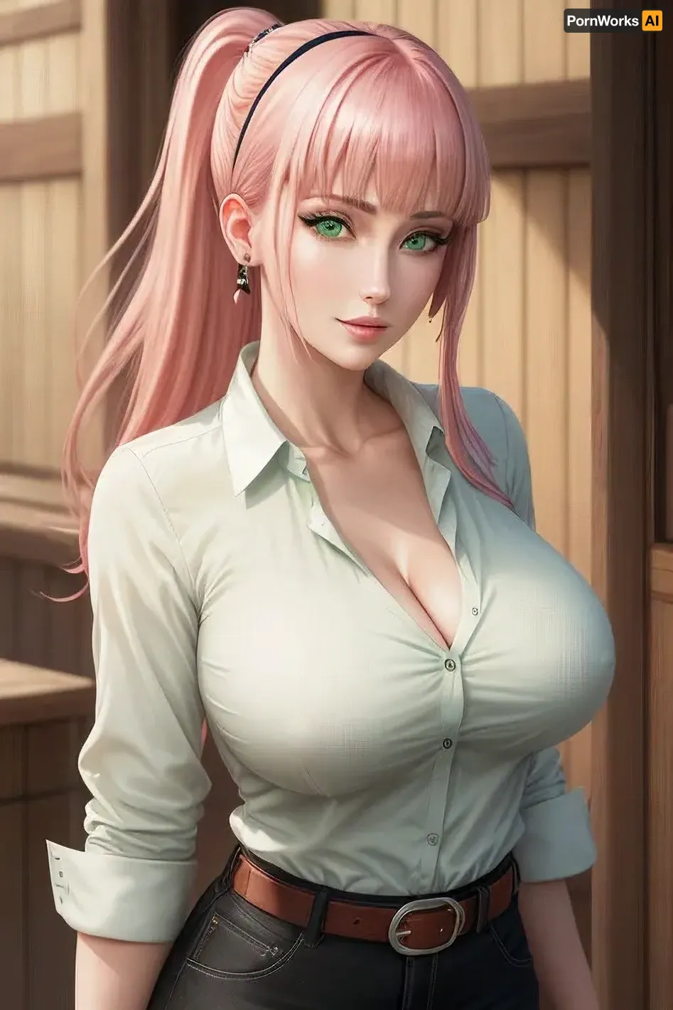 Sakura Haruno, the ultra-detailed masterpiece with sharp focus and vibrant colors, is standing in front of a huge watercolor background. Her green eyes are focused on the front, while her pink hair cascades down her back. She wears