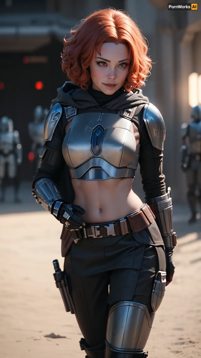 The Jedi woman with cyberpunk armor and a smile on her face was captured in mid-stride, her hooded cloak billowing behind her as she held a lightsaber in one hand and the other outstretched towards the camera. Her curl