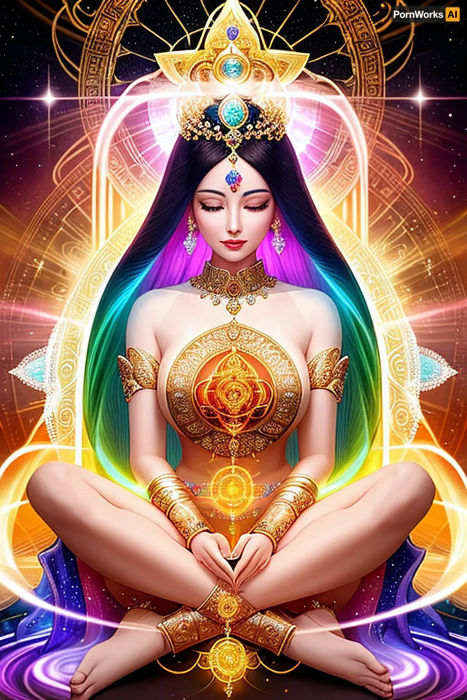In a mystical world, where gods and goddesses reign supreme, there lived a woman of pure energy. Her radiance was like a tanka with Buddhist inscriptions, flowing from her chakras like gushes of water in full transparency