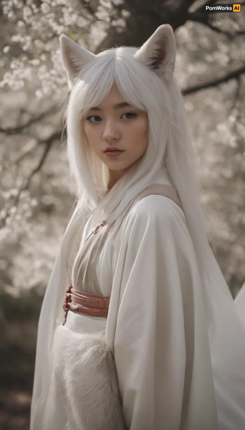 (They look like cute tall girls in Japanese miko costumes dressed up as white foxes.
Her hair is white.There is a sacred atmosphere. stand on an angle. have a halo of light Golden Background seed:563493888)