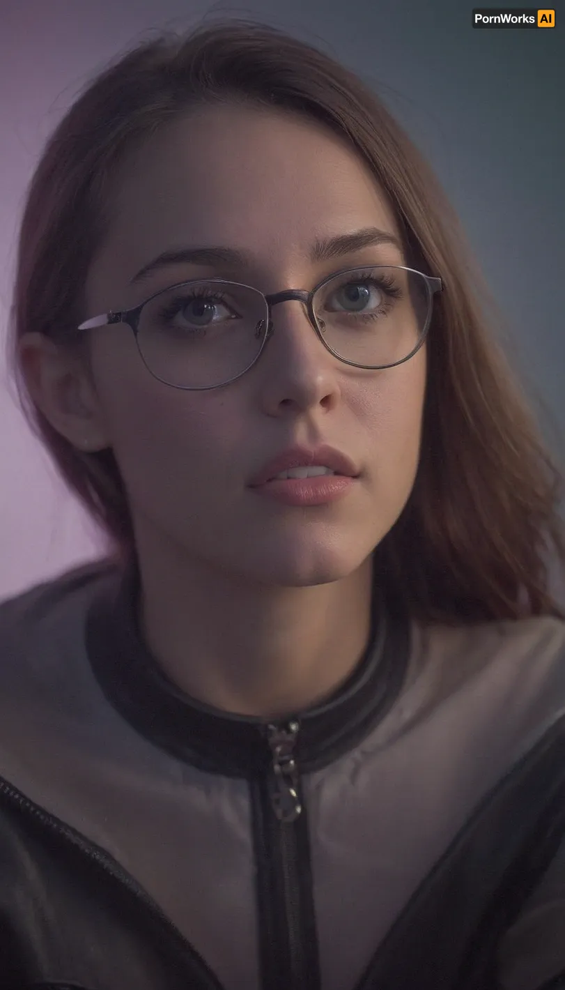 A young girl with glasses and a led flashlight discovers an AI assistant's picture of her wearing latex and a bright smile