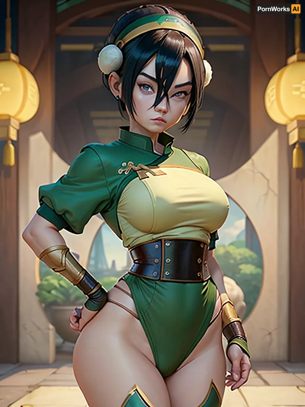 Lyco, a young girl with short hair and grey eyes, is exploring her sexuality in a virtual reality world where she can't resist the urge to try out cowboy shot. She comes across an hourglass figure with short hair and grey eyes,