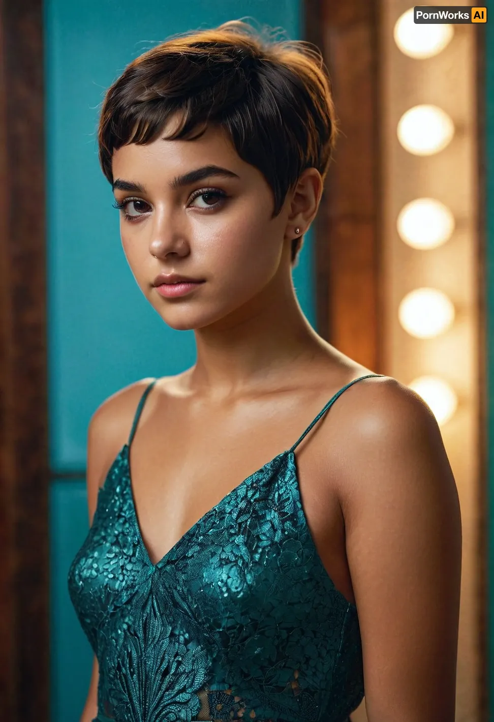 A young girl with pixie cut and black eyes sat in front of her computer, typing away furiously. She was an AI enthusiast and had just finished writing a short story about a girl who discovers she has the ability to generate pictures from her