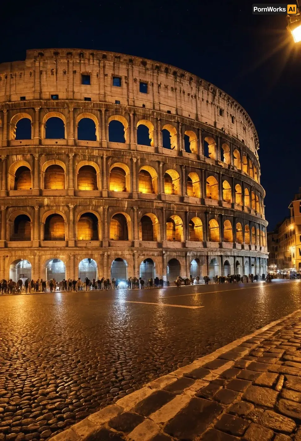 The night was young and the streets of Rome were alive with energy. The Colosseum, a symbol of the city's grandeur, stood tall in the distance. As I walked by, I couldn't help but notice a group of people gathered