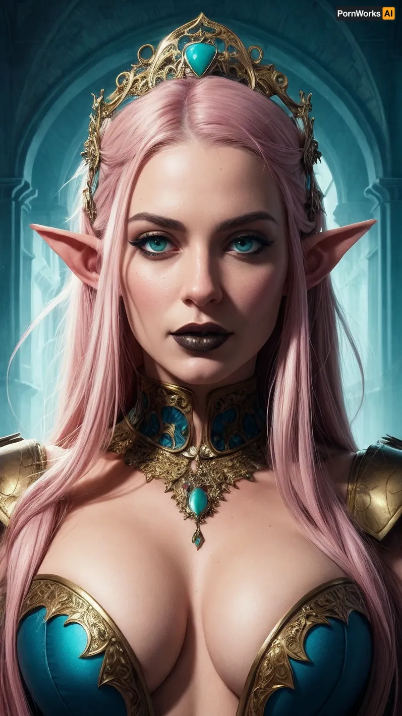 Eloise, a beautiful fantasy elf, is tasked with creating an intricate pornographic picture of the town's castle courtyard gardens. She uses her incredible skills to create a hyper detailed masterpiece that captures every detail of the lush greenery and intricate stonework