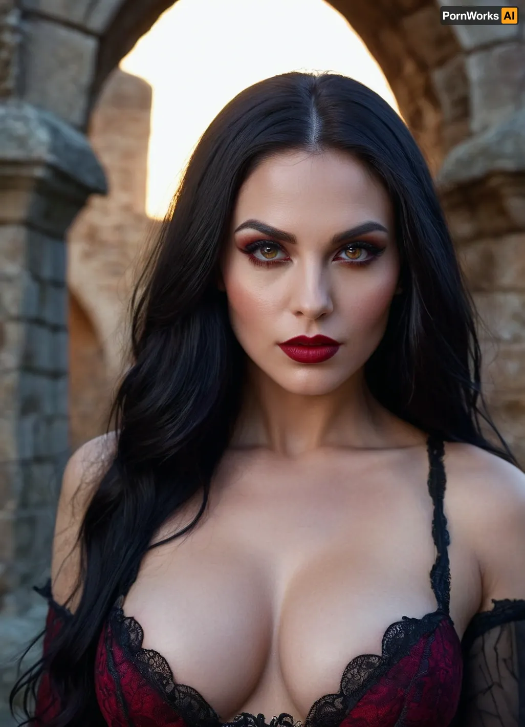 A vampire woman with long black hair, perfect creamy skin, and sharp eyes was standing in front of a castle ruin at night. Her photo was highly detailed with realistic skin tones and vivid colors that made it look like she could come to life at any