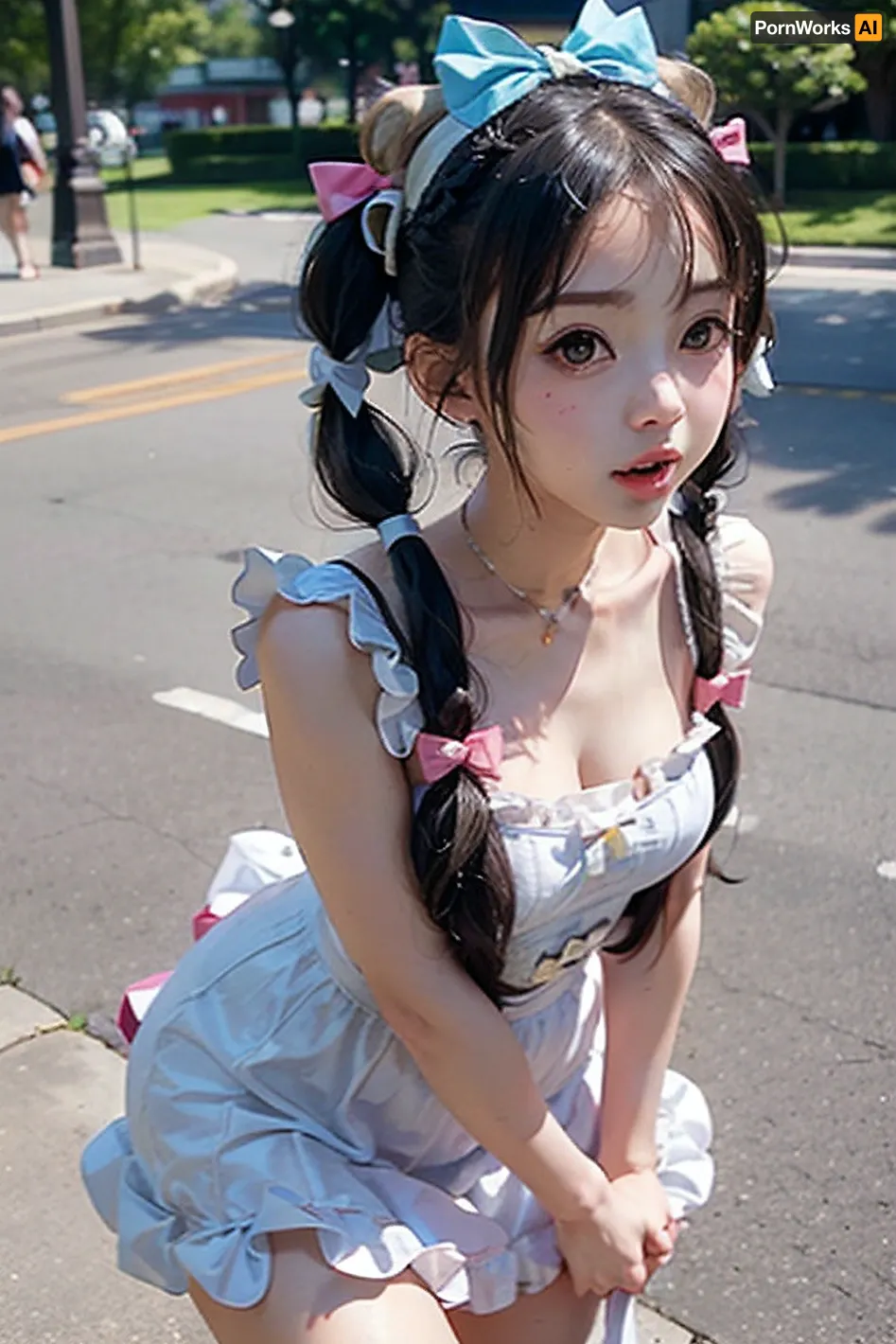 A stunning AI-generated picture depicts an anime girl in a white frilly ruffle minidress walking through a park, surrounded by lush green trees and colorful flowers