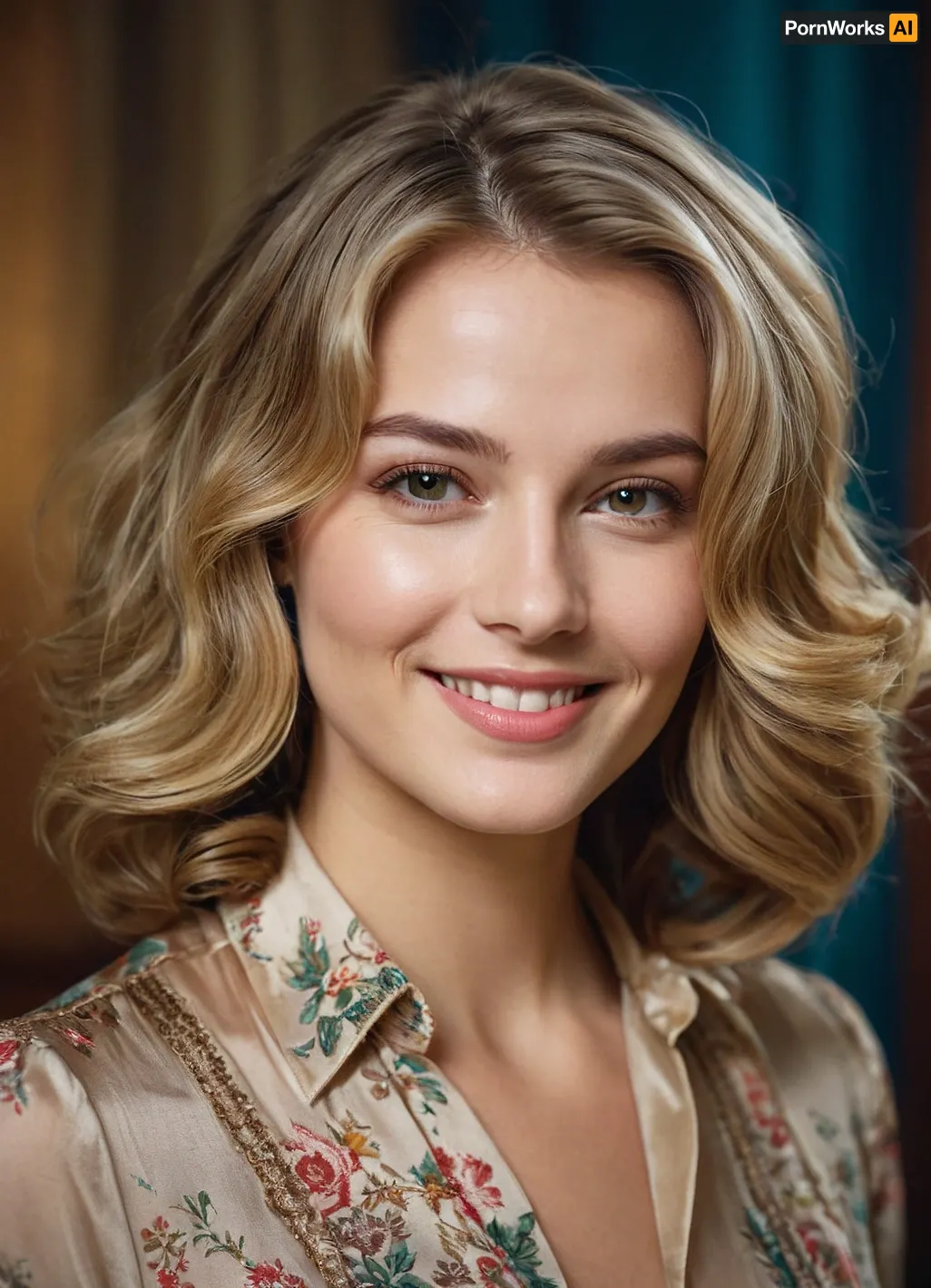 The young lady in the vintage-style blouse with side-parted soft-wavy shoulder-length hair is smiling brightly