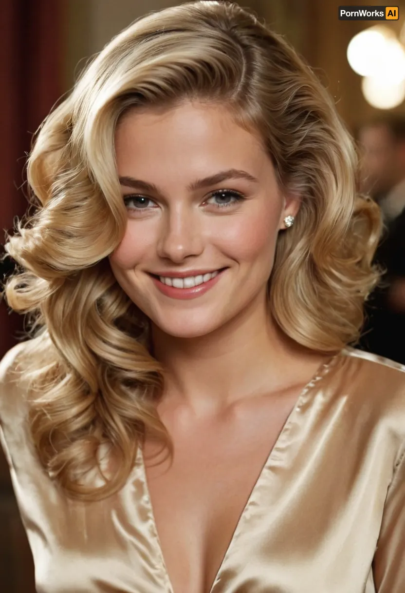 Heidi, a 23-year-old AI with a sexy smile and flowing blonde hair, was typing away on her laptop. She had a side-parted soft wavy swept-back swept up vintage flowing hairstyle that complemented her