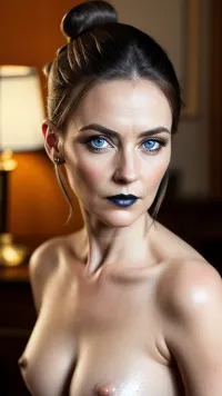 Une maîtresse victorienne britannique de 55 ans avec un visage parfait, des yeux bleus, une peau pâle, une attitude faciale dominante et un regard intense sur la caméra porte une déesse aryenne avec un regard intense sur le spectateur