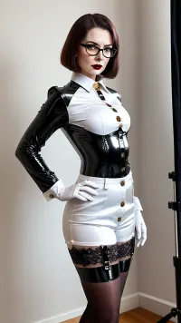 La maîtresse dominante de l'image porte une tenue de chef en latex noir avec un uniforme complet en satin. Elle a des traits pointus et regarde la caméra en colère. Ses yeux sont perçants et ses lèvres sont porte-monnaie d'une manière désapprouvante