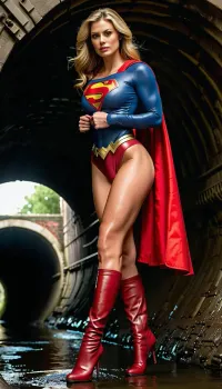 O texto gerado pela AI é: "Superman traje, 8k UHD, full-length shot 1.3, longas pernas esbeltas, pernas musculares, grandes mamas, construção atlética, torso magro.