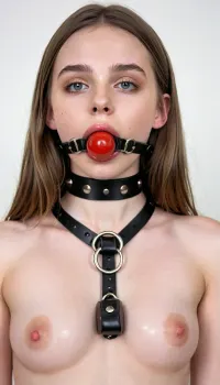 La mujer fue posada en una restricción BDSM, sus brazos y piernas atados a la cama. Su piel era pálida y lisa, con un toque de maquillaje en su cara. Sus labios eran brillantes y llenos, y sus ojos cerrados en placer