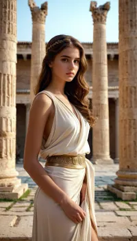 Das Mädchen war 18 Jahre alt, mit einem schlanken Körper und langen braunen Haar. Sie trug eine Toga, die ihre Kurven perfekt umarmte und ihre perfekte Figur zeigte. Ihr Gesicht wurde bis zur Perfektion, mit hohen Wangenknochen und vollen Lippen. Sie