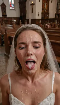 full body shot of happy woman wearing wedding dress with cum on her forehead, facial, open mouth, (cum in mouth:1.3), in a church, <lora:Facials:.5>, <lora:JustCum:.5>