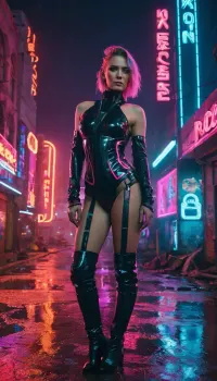 Clara Schuman, a prominent composer in the Cyberpunk 2077 universe, stands on a Moscow street dressed provocatively and waiting for a client