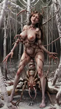 In a snowy forest during winter, the protagonist is bound and naked, with big breasts and big ass. They are naked and wet, with big breasts and big ass. The parasite is active snowing, with snow on their skin. The camera