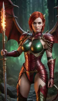 Женщина на фото - яростный убийца драконов, с ее доспехами и копьем, готовым нанести удар. Ее лицо излучает силу и уверенность, а волосы текут за ней в красном ореоле. Она высокая, с интенсивными зелеными глазами, которые кажутся