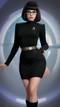 ((60s star trek, full figure, teasing domme, undressing)), 28 year old irish woman, Short black bob haircut, Sexy revealing original star trek uniform skirt, startrektos, uniform, dress, circle-glasses, ospb, <lora:StartrekTosV3-000028:1>, <lora:circle-glasses_v1.1:1>, <lora:sydney-10:1>, <lora:ospb:.5>