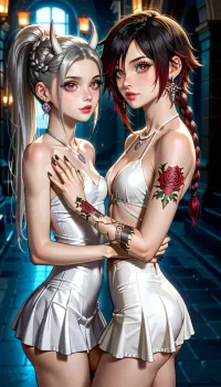 Very long hair ponytail, (Short Textured Haircut), (ruby Rose Hairstyle), (oval shape head), (round head), (feminine belly), (high cheekbones), (beautiful face), (strong jawline), (Beautiful glowing red eyes), (almond-shaped eyes), (long lashes), (tin eyebrows), ((full lips), (170cm high), ((slim body)), (dark nails), (silver necklaces and earrings), (tattoos), (tattoos 10% body), (small breasts), (perky breasts), (small ass), (round ass), (firm ass), (toned legs), (lean legs), (feminine legs), (well-defined feet)), frieren-aura, horns, pink, hair, purple, blue, eyes, multiple, braids, bare, shoulders, black, gloves, thighhighs, elbow, navel, cutout, white, skirt, red, cloth/skirt, cleavage, <lora:add-detail-xl:2>, <lora:Colorful Hair Slider_alpha1.0_rank4_noxattn_last:2>, <lora:loraeyesxl:2>, <lora:DetailedEyes_V3:2>, <lora:aura-animagine:2>