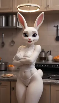 The bunny was cooking a meal in the kitchen when she heard a knock at the door. She opened it to find a handsome gray and white bunny standing there with sexy green eyes and soft pink tongue. He handed her a package and said,