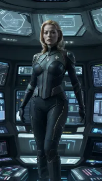 Create an image of Captain Seven of Nine from Star Trek, depicted as a commanding and confident figure on the bridge of a starship. She stands tall, exuding authority and intelligence, with her iconic Borg-enhanced features subtly visible. Her uniform is sleek and futuristic, reflecting her unique blend of human and Borg technology. The bridge is bustling with activity, featuring advanced consoles and displays, with a view of the vastness of space through the large windows. The scene is illuminated by the soft glow of the control panels, casting a futuristic ambiance. In the background, hints of the Star Trek universe are present, such as the insignia of Starfleet and glimpses of other crew members, including a Klingon officer and a Vulcan science officer. The mood is one of exploration and adventure, capturing the essence of boldly going where no one has gone before.