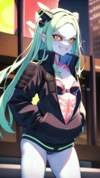 masterpiece, best quality, highres, 1girl, rebecca \, (cyberpunk\), solo, long hair, mechanical eye, colored sclera, red sclera, colored skin, white skin, leg tattoo, neck tattoo, green hair, small breasts, underwear, fang, red pupils, skin fang, red eyes, black jacket, standing, cowboy shot, straight-on, evil grin, outdoors, <lora:rebecca_v1:.7>