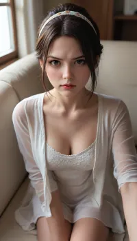 RAW photo, subject, (high detailed skin:1.1), 8k uhd, soft lighting, high quality, film grain, Fujifilm XT3, dynamic angle, 50 years old woman sit on sofa in front viewer, eyes contact, ((full body view)), milf, fair skin, ((angry:1.1)), (show full face), professional portrait, in short light summer sundress, open dress, leaning, forward, ((dark updo haircut)), colourful headband