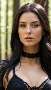 ((Girl 18 years old:1.5), tall and thin, with a thin waist and big tits, (Slavyanka:1.2), with long black hair and freckles, very beautiful, with attractive facial features and expression. She is dressed in sexy black lace clothes that accentuate her figure. Full-length to see the whole figure., (Close-up:1.1), but with the ability to see the entire figure, the emphasis on the face and upper body., (Cinematic lighting:1.1), With soft diffused light, using key light, contour light and fill light to create a volumetric effect. The contour light is directed at a 45 degree angle to the subject to create clear shadows and contrast., (Digital painting:1.1), with bright and saturated colors. In the forest, a natural background, but slightly blurred so as not to distract from the model. Best quality, masterpiece, high resolution with realistic details and textures.)