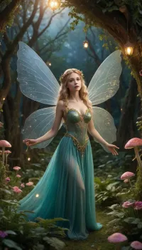 A whimsical and enchanting scene of a fairy tale fairy, who has stumbled upon a hidden garden of wonders. She is a delicate creature with iridescent wings that shimmer in the soft moonlight, casting a kaleidoscope of colors across the lush, emerald foliage. Her attire is an intricate blend of nature's finest elements, a gossamer dress woven from spider silk and adorned with a myriad of tiny, luminescent flowers that seem to pulse with life. Her hair is a cascade of gold-tipped locks that flow down her back, intertwined with vines and leaves as if the very essence of the forest has come to crown her. She stands atop a velvety mushroom, one hand tenderly cradling a glowing orb of fairy dust, while the other reaches out to a curious, nocturnal creature that has emerged from the underbrush—a rabbit with fur as blue as the midnight sky and eyes that twinkle with stars. The garden is a riot of fantastical flora, with blooms of impossible sizes and hues, and trees that stretch high into the heavens, their branches laden with glittering fruit. In the background, a majestic castle made of crystal and gold looms, its turrets piercing the velvet sky. The moon, a glowing sphere of opalescence, hangs low, casting a soft, ethereal glow over the entire tableau. The air is alive with a symphony of fireflies and glittering spells, their lights dancing in harmony with the gentle whispers of the night breeze. Every detail, from the dew-kissed petals to the intricate patterns on the fairy's wings, is rendered with a meticulous attention to detail that transports the viewer into a realm of pure imagination and magic.
