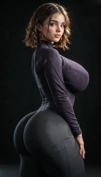 masterpiece, realistic directional lighting, ambient occlusion, huge penis, tan, freckles, short brown hair, bangs, (massive ass:1.2), (massive breasts:1.1), thick thighs, big thighs, dark purple long tight dress, Long sleeves, standing pose, looking at viewer, in front, hands on thighs, close to viewer, loving look, black yoga pants, black background, <lora:FutaCockXL:.5>