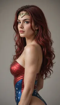 wonder woman, ((full figure)), side view, sexy, very long red hair, Snyder, Style, <lora:Dataset:.8>