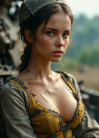 Front view, UHD 8K, extreme realism, maximum detail, long shot, beautiful Ukrainian woman soldier, ripped uniform, torn uniform, battlefield, sitting on turret of tank, nipples out, dirty, sweaty, duhh, detailxl, <lora:MJ52:.8>