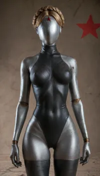 The twin, steel twin, twin atomic heart, atomic heart, The Girl of Steel, hips, red stars, ussr, company 3826, woman, robot, joints, blond, hair, thighhighs, redstar, on, forehead, bodysuit, thigh, gap, large, breast, reflexion, <lora:Twins1024:.8>