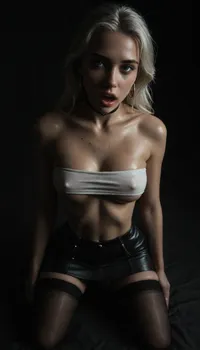 (score_7_up, score_8_up, score_9, 1girl, solo, masterpiece), (face close-up), ((on her knees)), (overhead view, view from above), (skindentation:1.1), sultry, seductive, seducing, alluring, intimate, sexual, horny, ((long white hair)), ((black leather micro skirt), 18yo girl, (athletic skin body), (narrow waist:1.4), ((hip gap)), insatiable, lustful, erotica, irresistible, ziprealism, white tube-top, erected nipples, black choker, platform high-heels, oiled skin, black stockings, (mouth wide open), blue eyes, (black background, chiaroscuro lighting:1), <lora:sunnyrayyxo_v1_SDXLBase:.4>, <lora:dark:.6>)