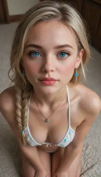 Beautiful girls on their knees, from above, wearing only a small bikini and a necklace, long braided blonde hair, blue eyes, ultra high definition, 4k, (with, blushing, cheeks:1)