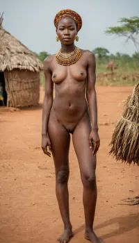 full-body portrait of a, (typical), (19 year old), (Benin woman), (naked), standing in a typical Benin landscape.