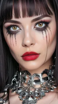 Dollskill, Solo woman, ru1n3dm4k3up, ruined mascara, red lipstick, heavy eyeliner and mascara, she is covered in long dark mascara tears that run down her cheeks from under her eyes, black shaggy hair with full bangs, best quality, hyperdetailed, super realistic, (photorealistic), detailed beautiful skin, (masterpiece:1), (best quality), (ultra high-res), 8k resolution, Canon EOS R5, 50mm, absurdres, ultra detailed, sharp focus, detailed skin texture, dark studio, night, Deepthroat, <lora:ru1n3dm4k3up:.7>