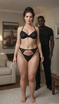 interracial, hot wife showing off for cuckold husband, woman in sexy lingerie standing, (brunette, MILF, petite, chubby), ((1 black man, tall, strong, muscular)), cinematic lighting, digital painting, bright colors, night scene, living room, sofa, best quality, masterpiece
